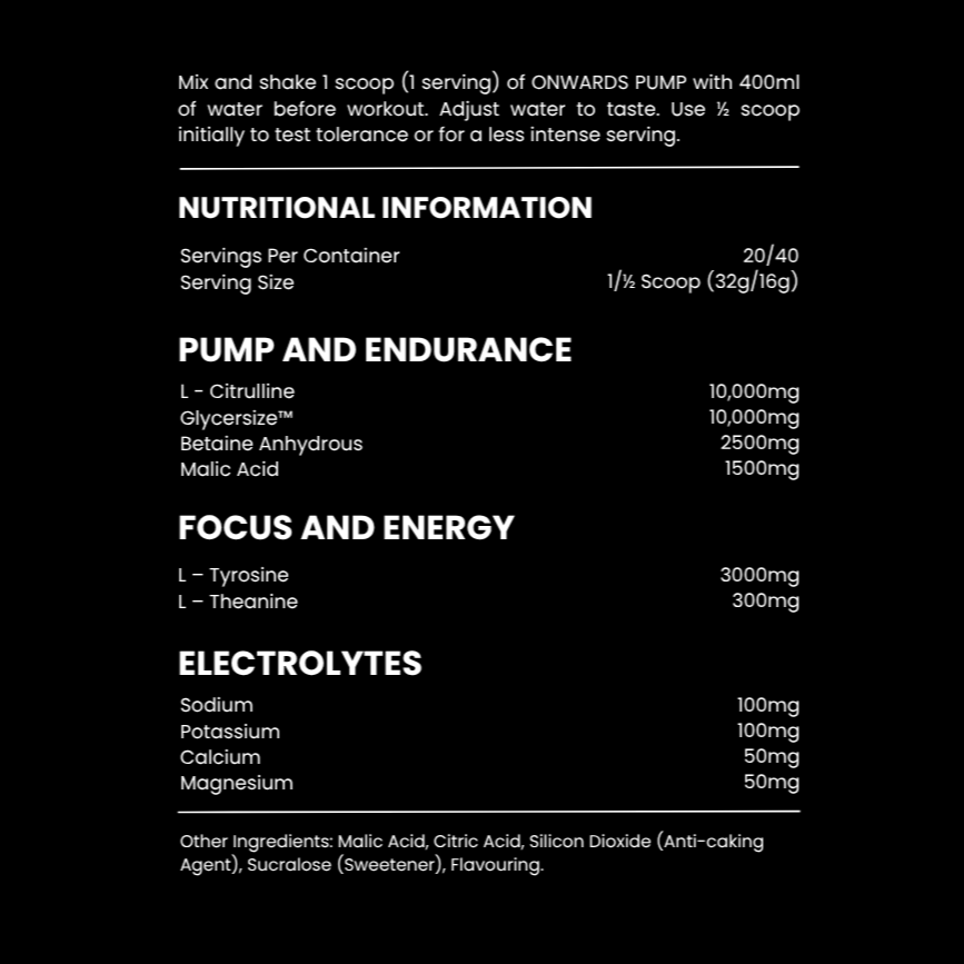 Nutritional information table for a supplement on a black background